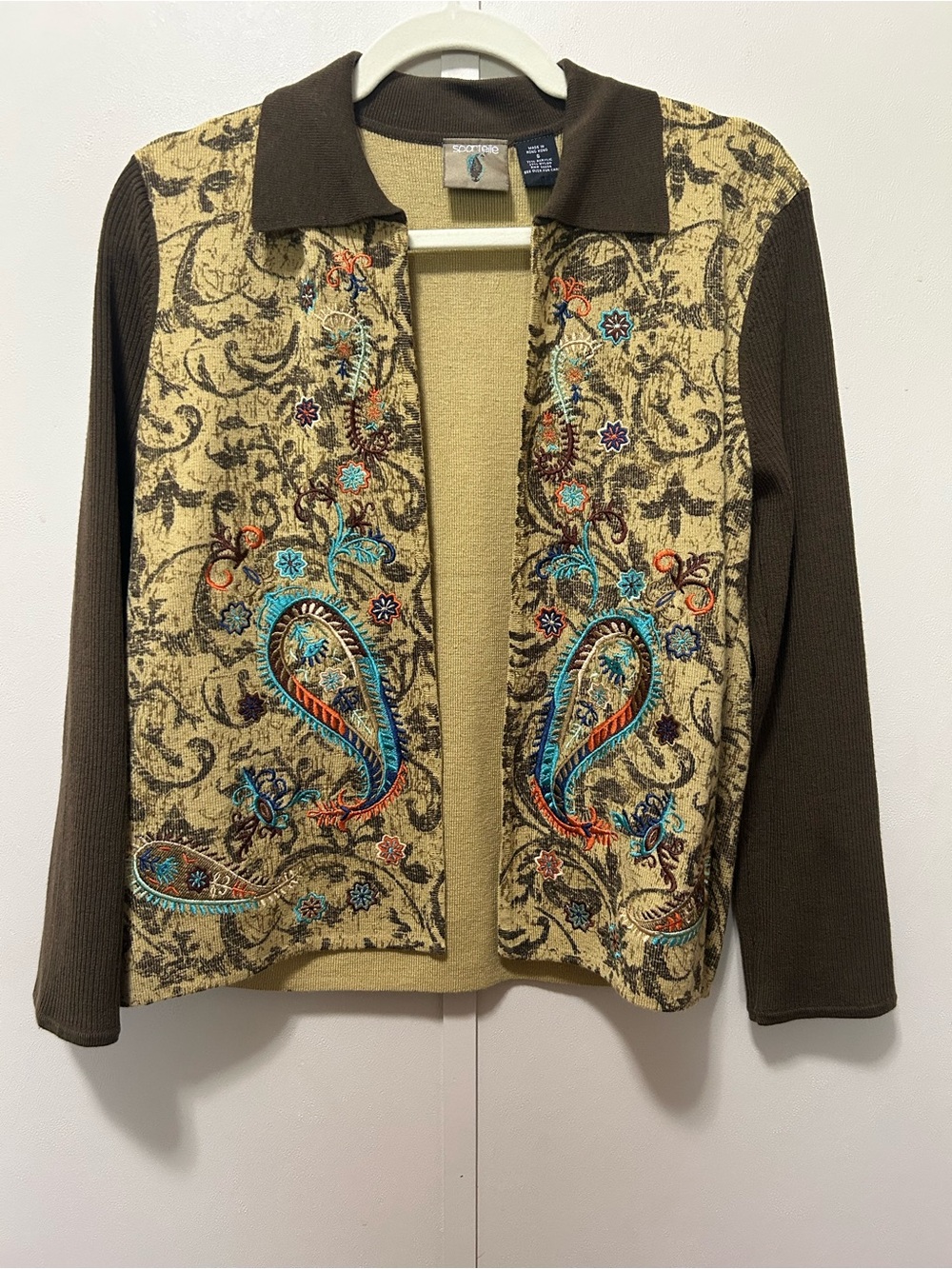 Embroidered Paisley Cardigan Jacket - Brown & Tan with Turquoise Accents